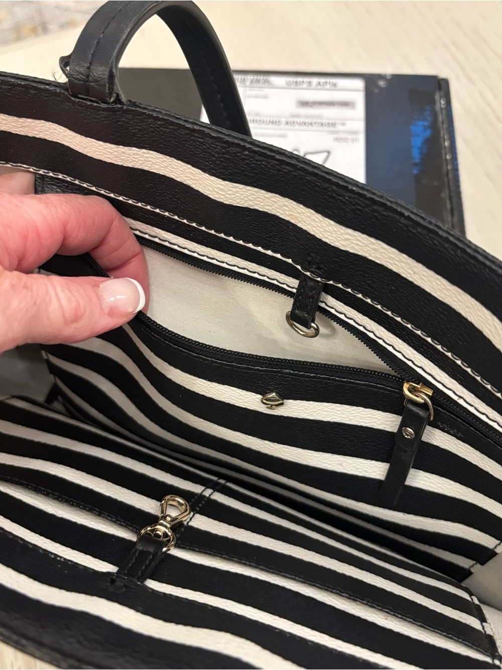 Kate Spade New York Black & White Striped Tote with Mint Trim - Picture 5 of 15